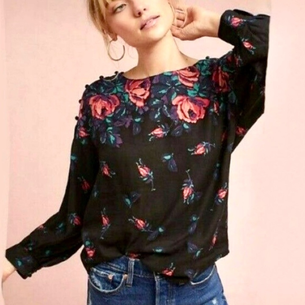 Anthropologie Maeve Roses Floral Blouse Women’s Size S Linen Blend Button Accent